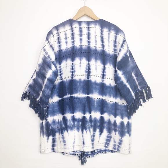 Roller Rabbit size OS blue and white Bridgette fringe kimono - Picture 2 of 12